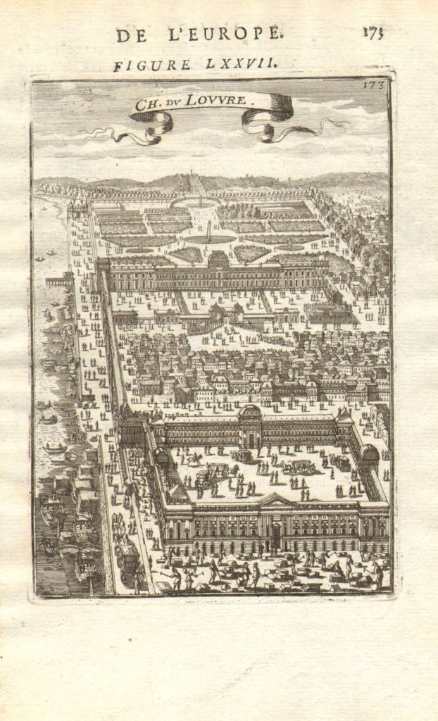 CHATEAU DU LOUVRE. Decorative view. Paris. River boats carriages. MALLET 1683